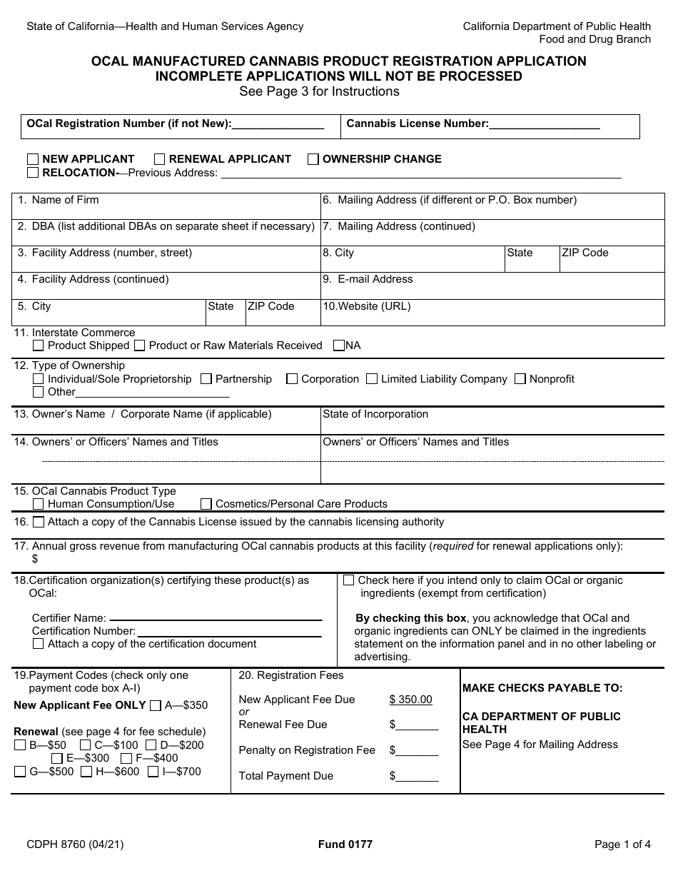 Form CDPH8760 Ocal Manufactured Cannabis Product Certification Application - California, Page 1