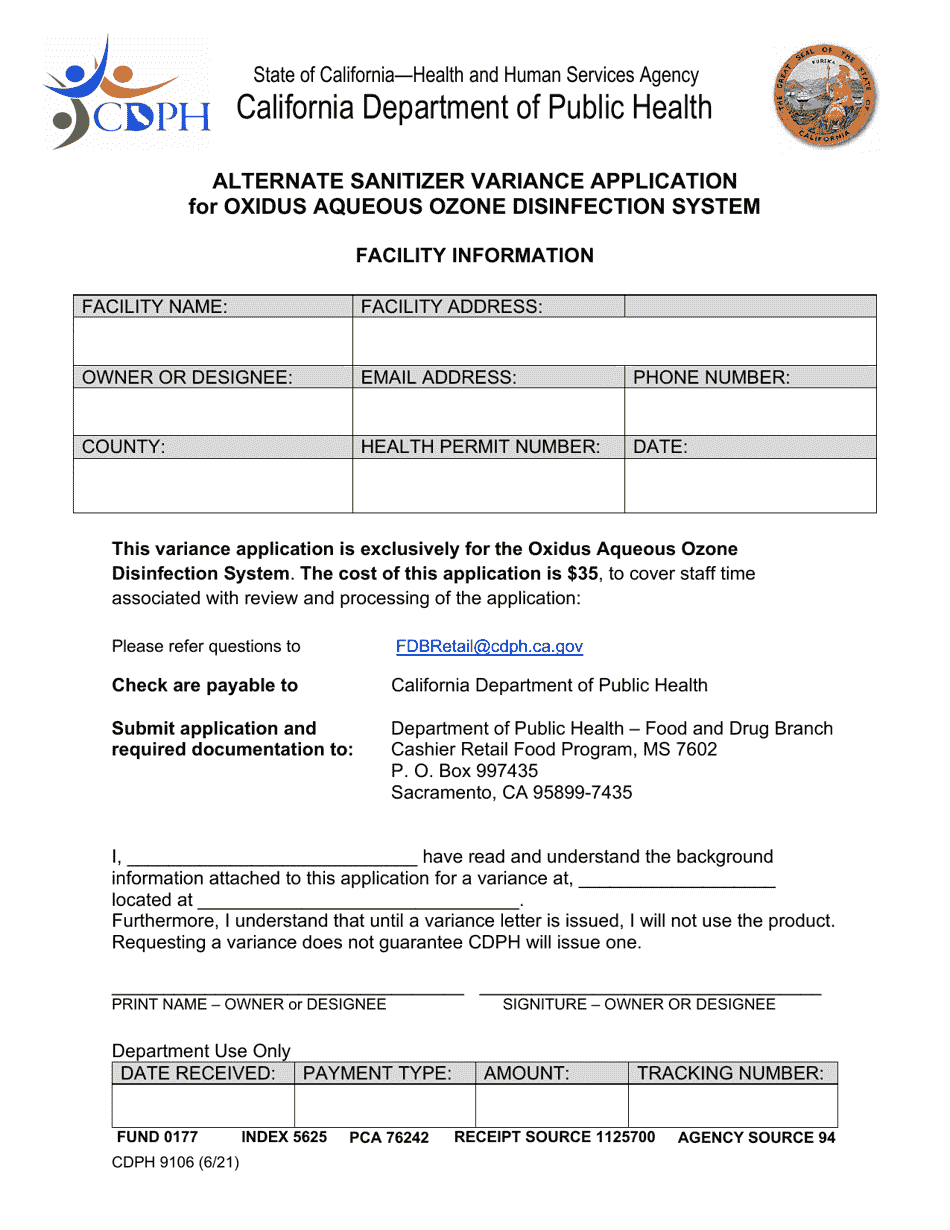 Form CDPH9106 Alternate Sanitizer Variance Application for Oxidus Aqueous Ozone Disinfection System - California, Page 2