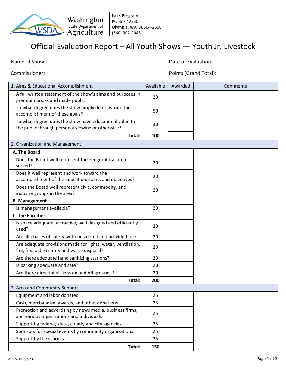 Form AGR-5540 Official Evaluation Report - All Youth Shows - Youth Jr. Livestock - Washington, Page 1