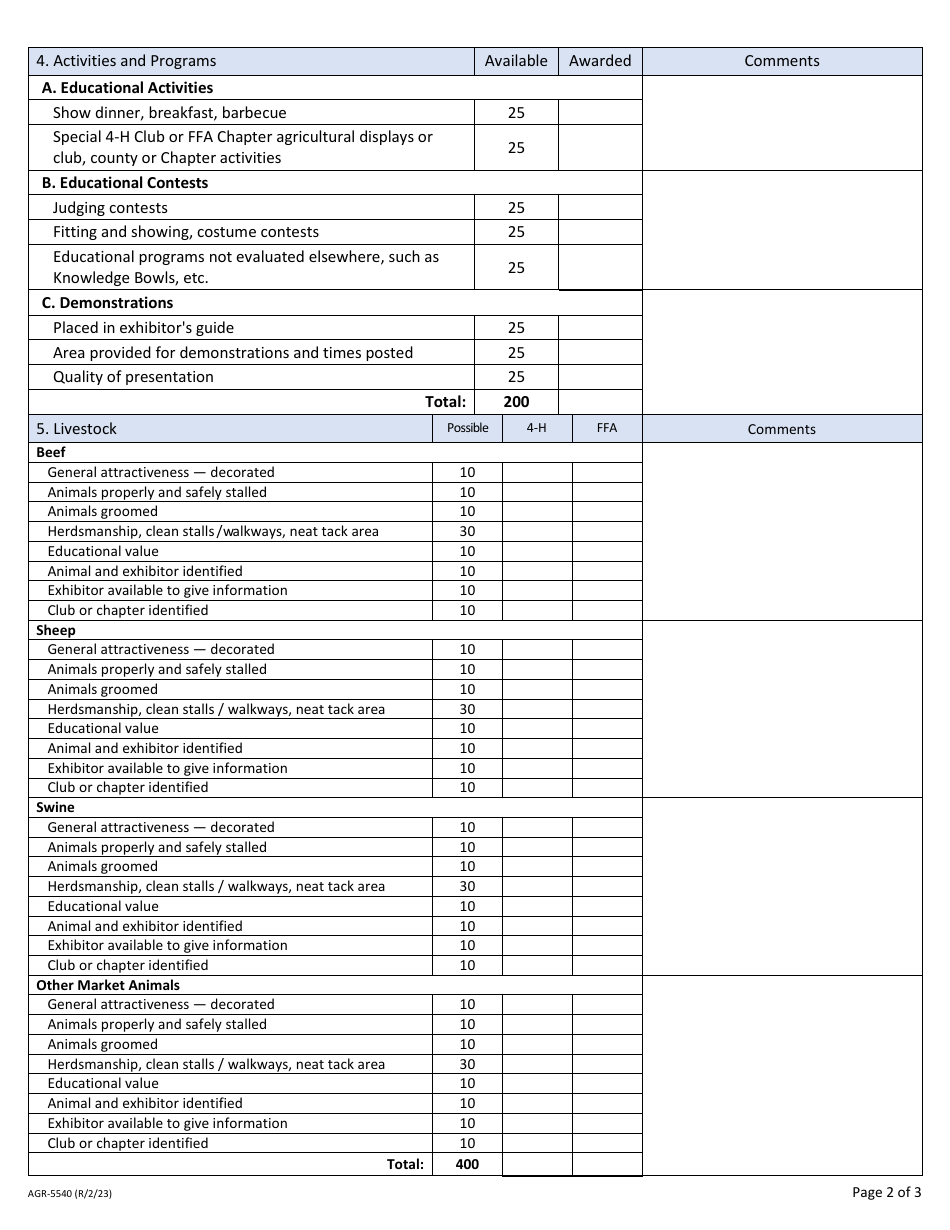 Form AGR-5540 Official Evaluation Report - All Youth Shows - Youth Jr. Livestock - Washington, Page 2