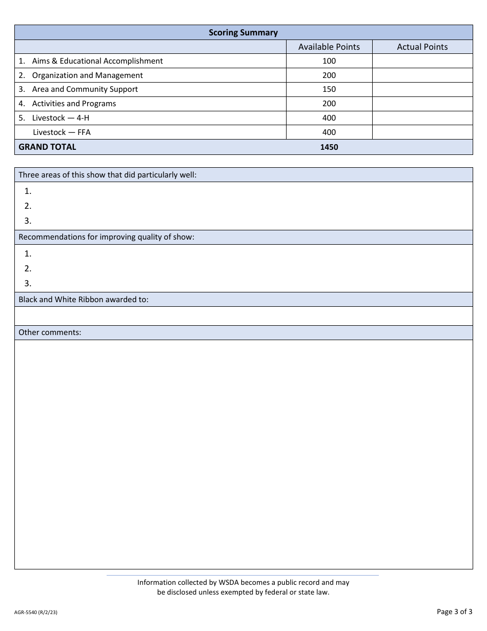 Form AGR-5540 Official Evaluation Report - All Youth Shows - Youth Jr. Livestock - Washington, Page 3