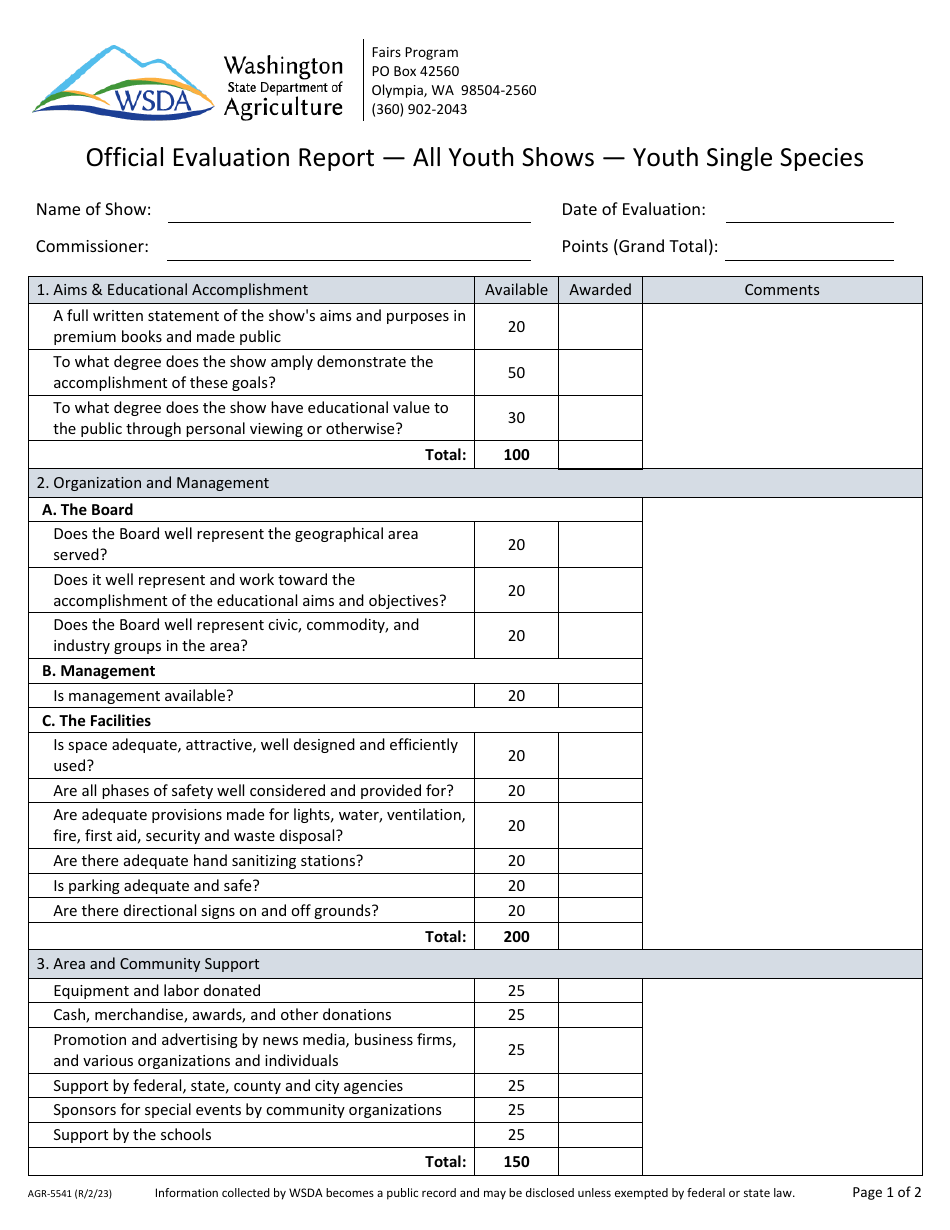 Form AGR-5541 Official Evaluation Report - All Youth Shows - Youth Single Species - Washington, Page 1