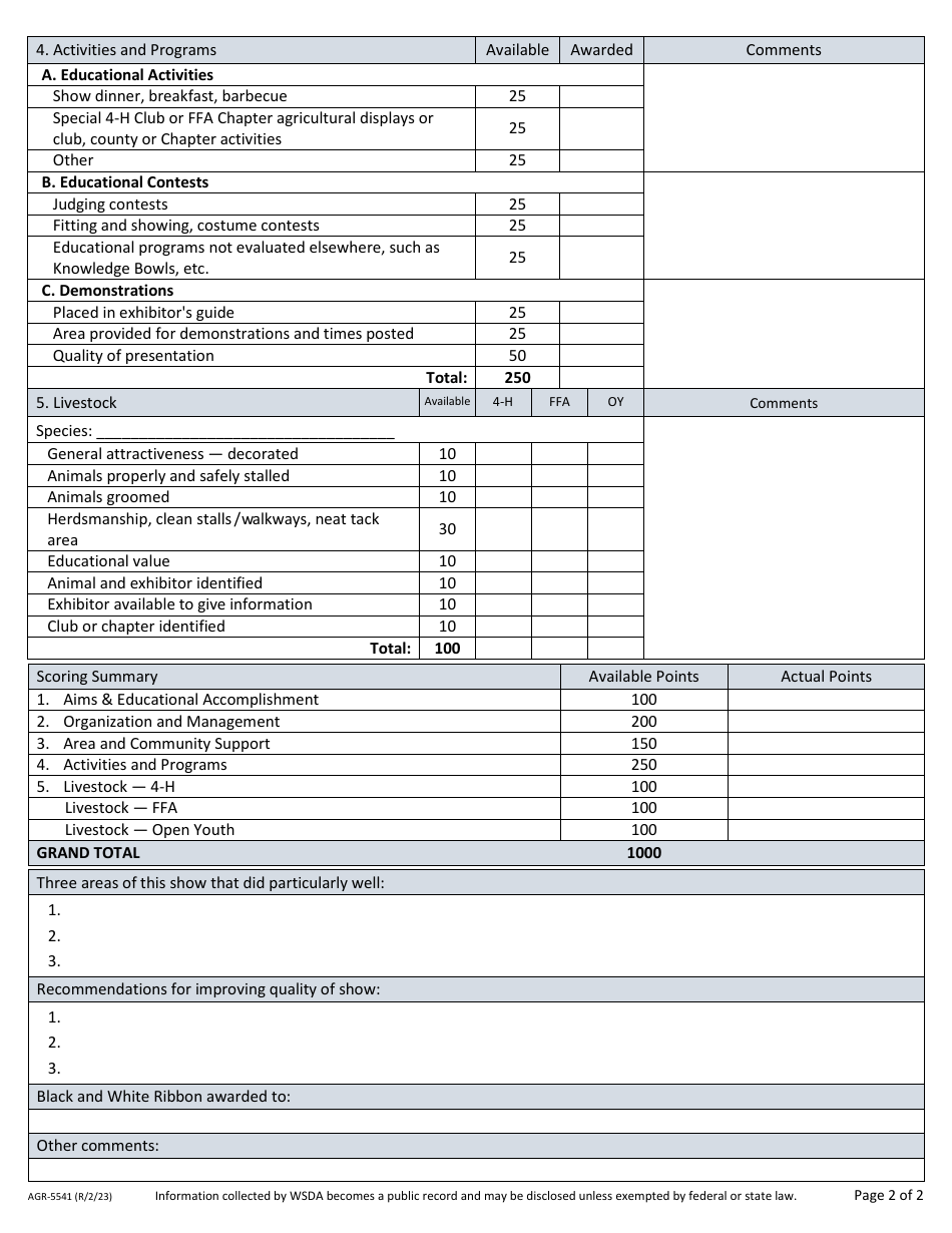 Form AGR-5541 Official Evaluation Report - All Youth Shows - Youth Single Species - Washington, Page 2