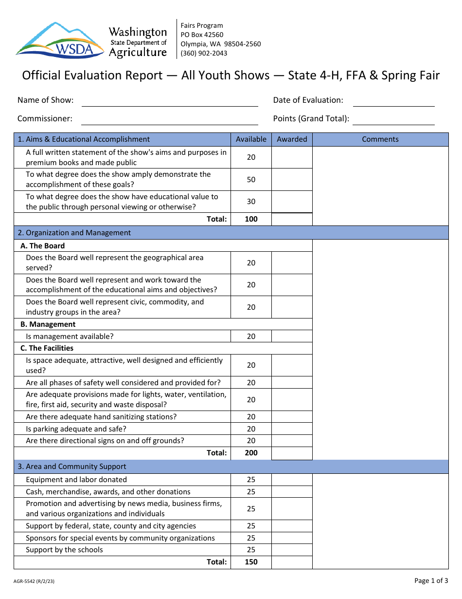 Form AGR-5542 Official Evaluation Report - All Youth Shows - State 4-h, Ffa  Spring Fair - Washington, Page 1