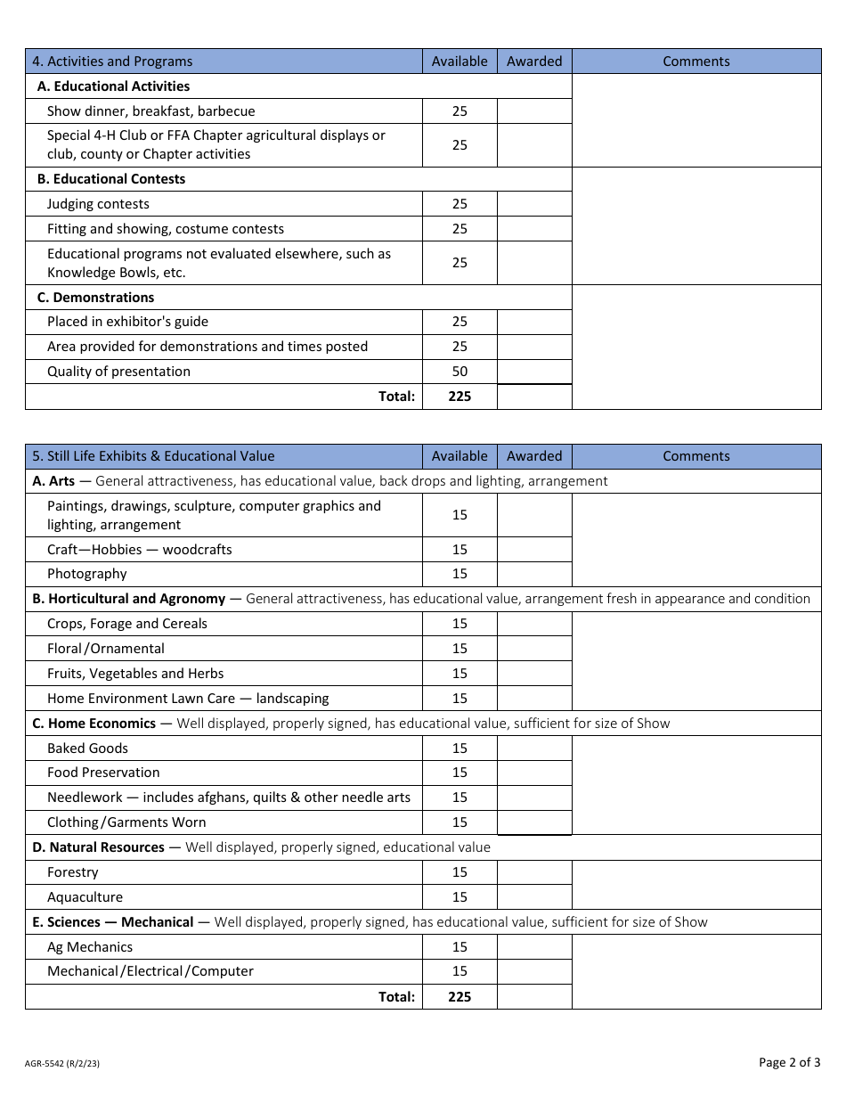 Form AGR-5542 Official Evaluation Report - All Youth Shows - State 4-h, Ffa  Spring Fair - Washington, Page 2