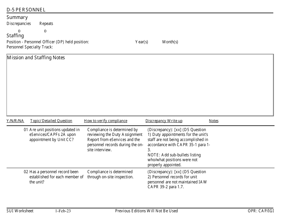 Form D-5 Sui Worksheet - Personnel, Page 1