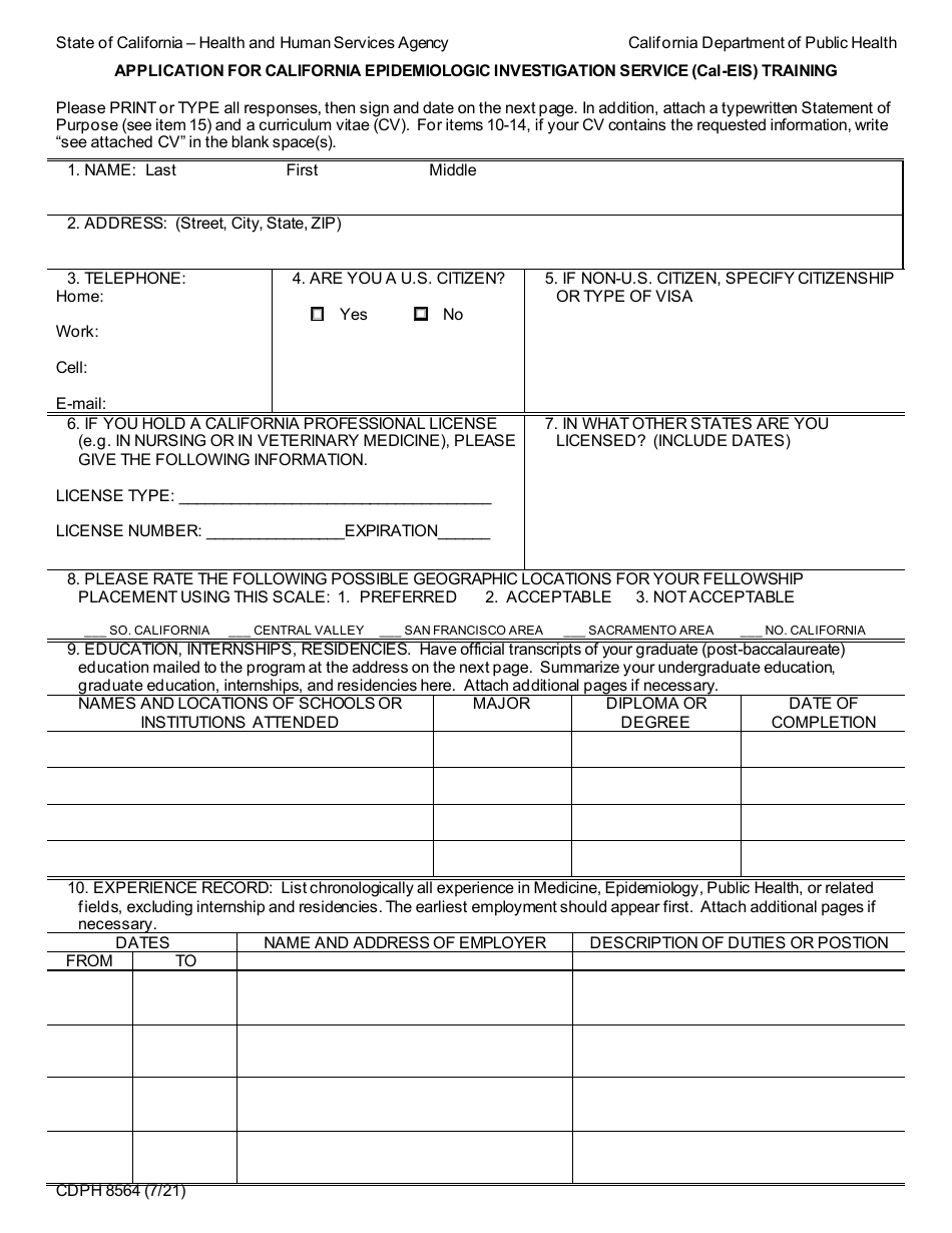 Form CDPH8564 Application for California Epidemiologic Investigation Service (Cal-Eis) Training - California, Page 1