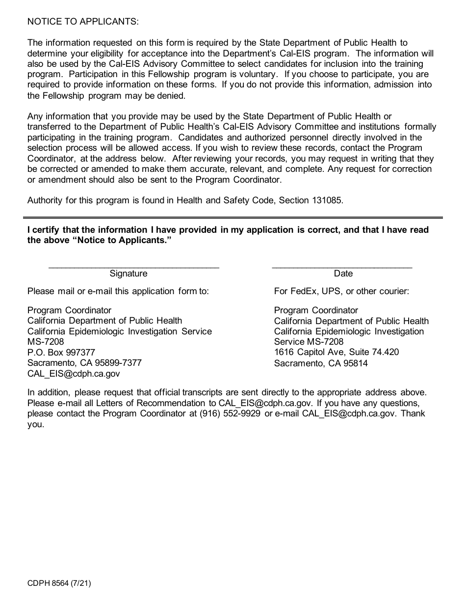 Form CDPH8564 Application for California Epidemiologic Investigation Service (Cal-Eis) Training - California, Page 3