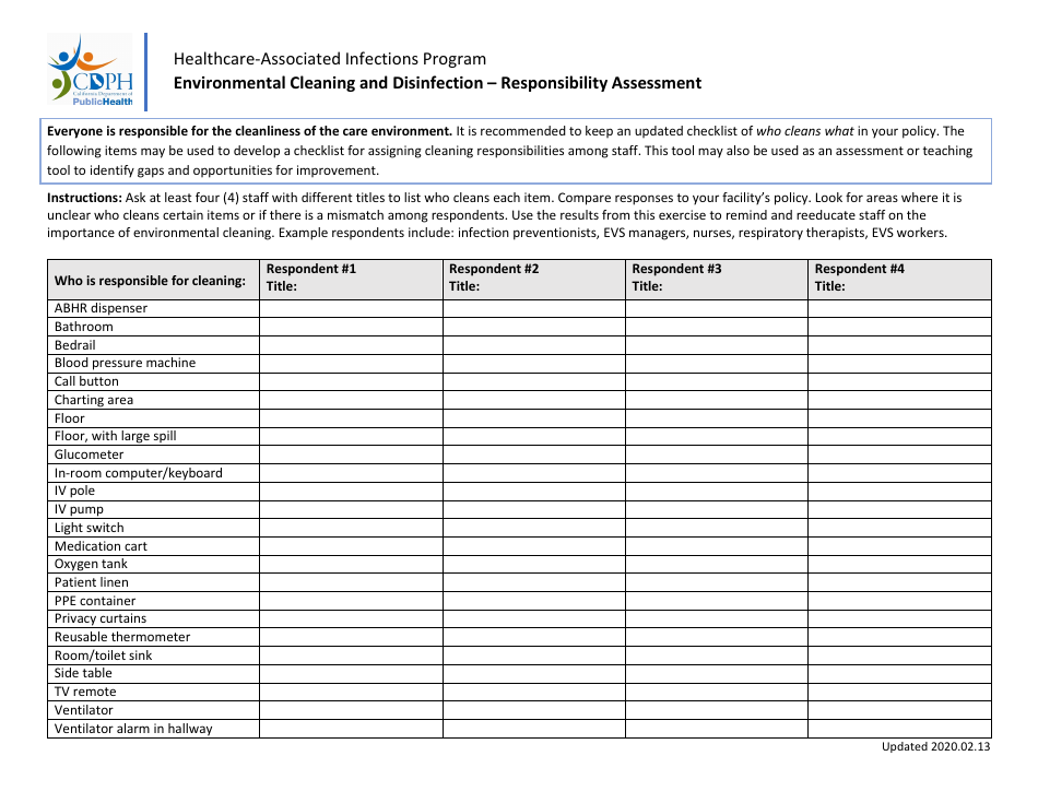 Environmental Cleaning and Disinfection - Responsibility Assessment - Healthcare-Associated Infections Program - California, Page 1