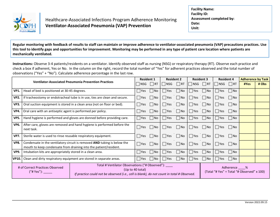 Ventilator-Associated Pneumonia (Vap) Prevention - Healthcare-Associated Infections Program Adherence Monitoring - California, Page 1
