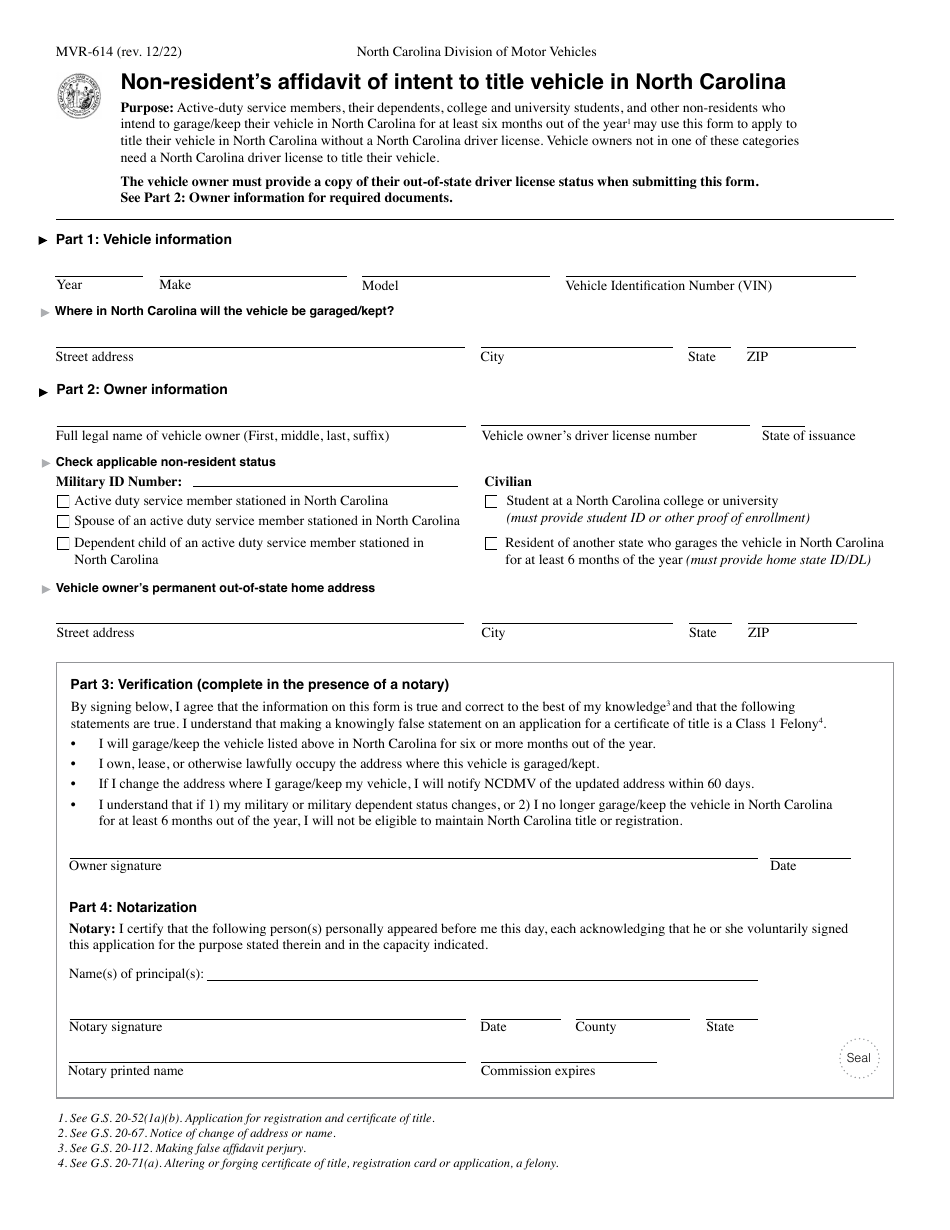 Form MVR-614 Non-residents Affidavit of Intent to Title Vehicle in North Carolina - North Carolina, Page 1