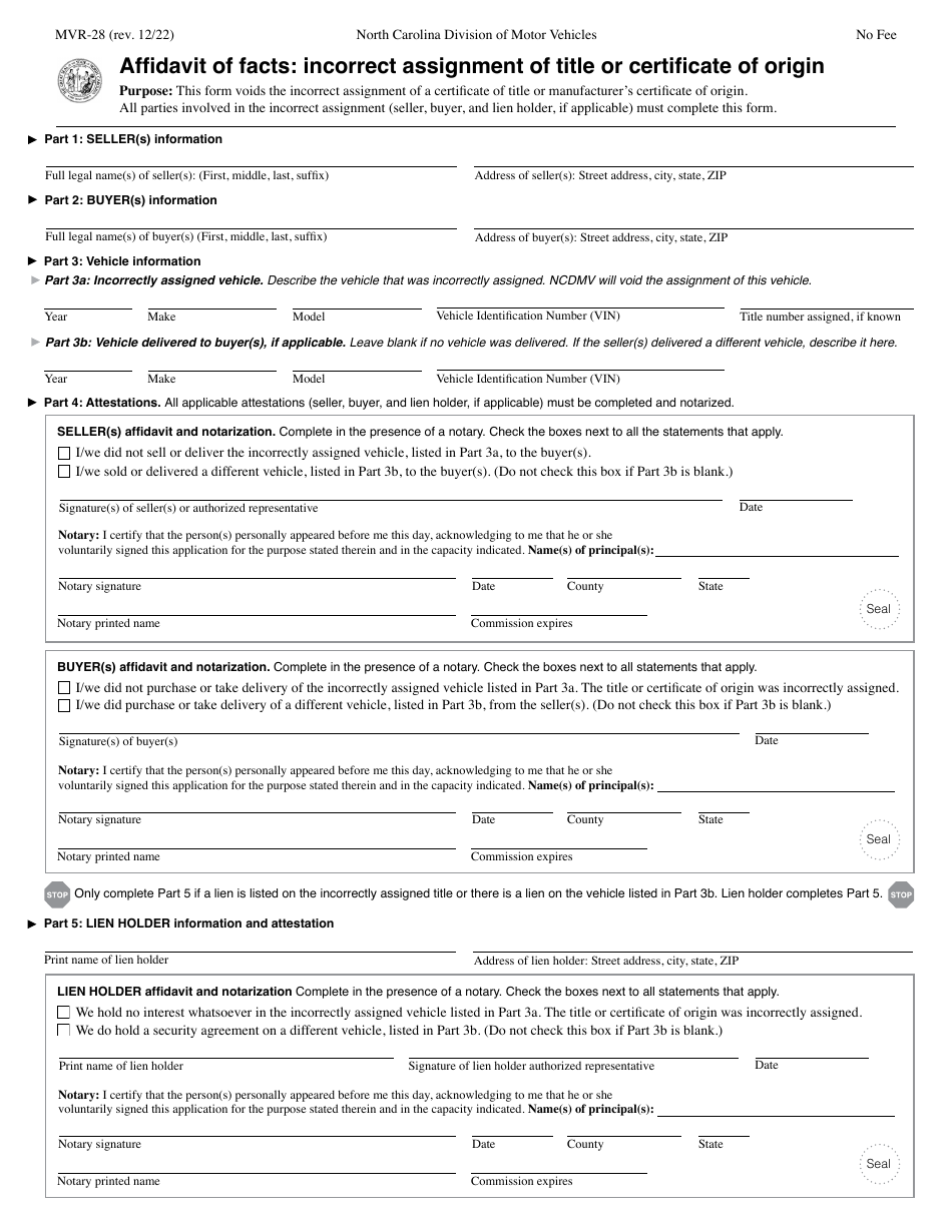 Form MVR 28 Fill Out Sign Online and Download Printable PDF North