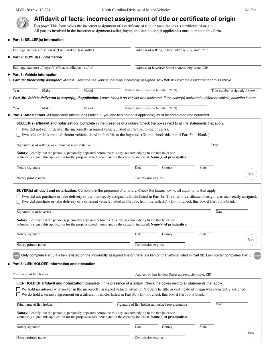 Form MVR-28 Affidavit of Facts: Incorrect Assignment of Title or Certificate of Origin - North Carolina, Page 1