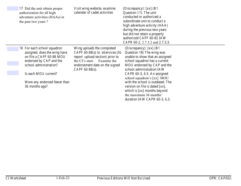 Form B-1 Ci Worksheet - Cadet Programs, Page 3