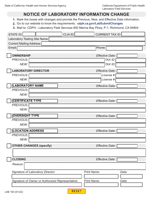 Form LAB193 Notice of Laboratory Information Change - California