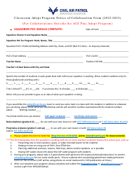 Document preview: Classroom Adopt Program Notice of Collaboration Form (For Collaborations Outside the Ace Plus Adopt Program), 2023