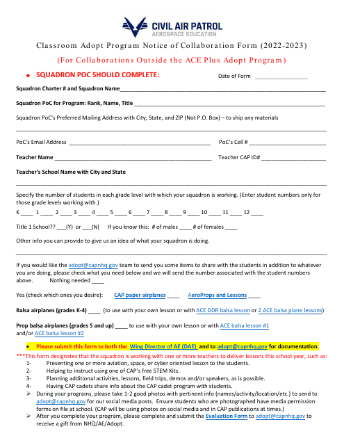 Classroom Adopt Program Notice of Collaboration Form (For Collaborations Outside the Ace Plus Adopt Program), 2023