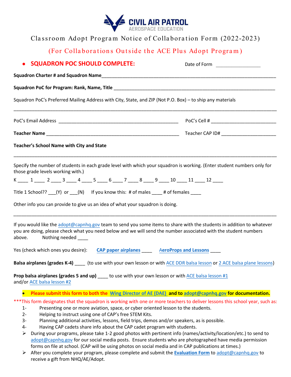 Classroom Adopt Program Notice of Collaboration Form (For Collaborations Outside the Ace Plus Adopt Program), Page 1