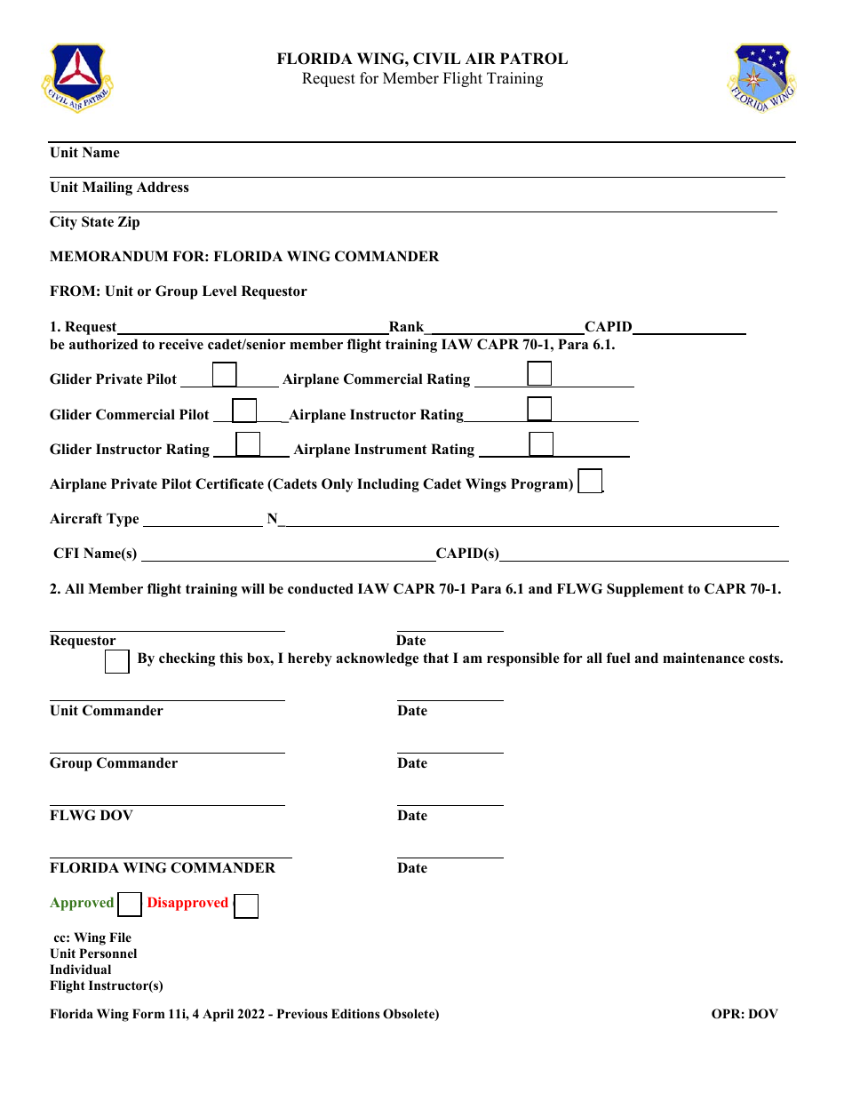 FLWGF Form 11I Request for Member Flight Training, Page 1