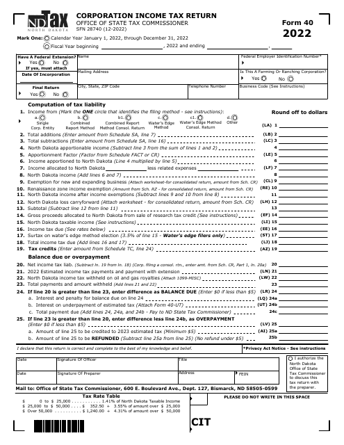 Form 40 (SFN28740) Corporation Income Tax Return - North Dakota, 2022