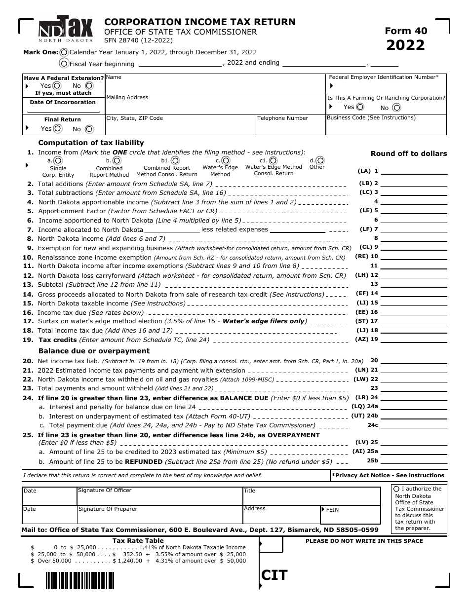 Form 40 (SFN28740) Corporation Income Tax Return - North Dakota, Page 1