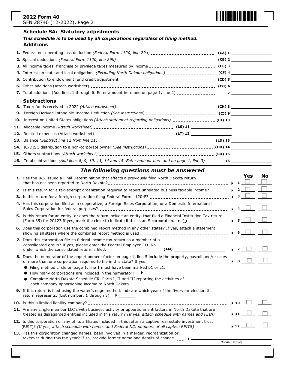 Form 40 (SFN28740) Corporation Income Tax Return - North Dakota, Page 2