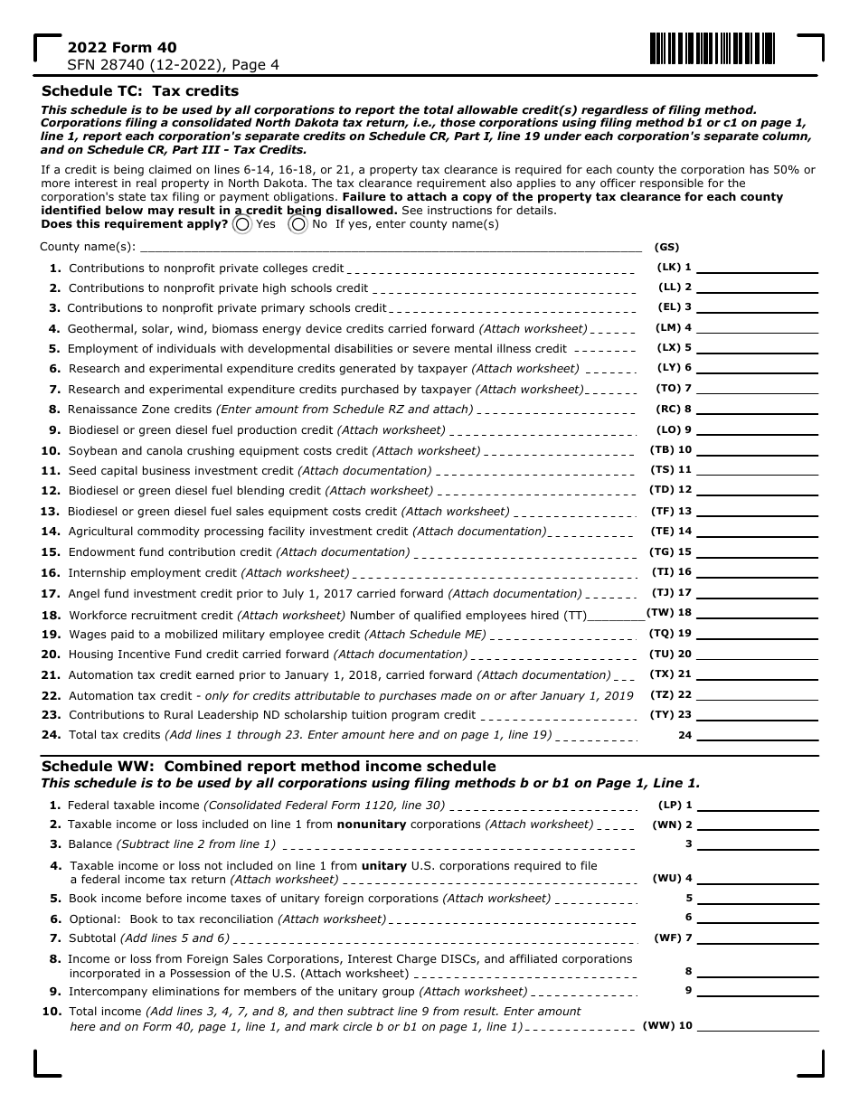 Form 40 (SFN28740) Corporation Income Tax Return - North Dakota, Page 4