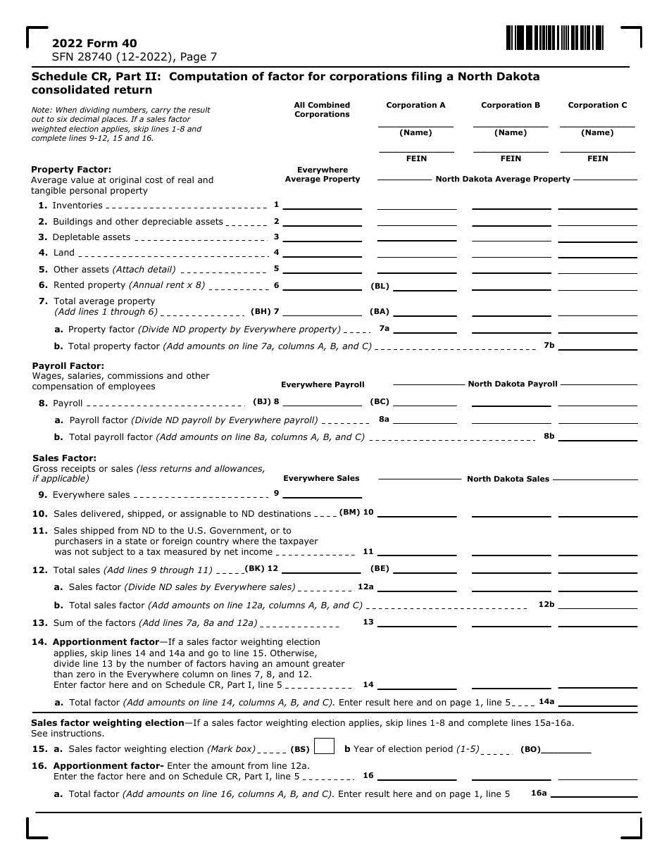 Form 40 (SFN28740) Corporation Income Tax Return - North Dakota, Page 7