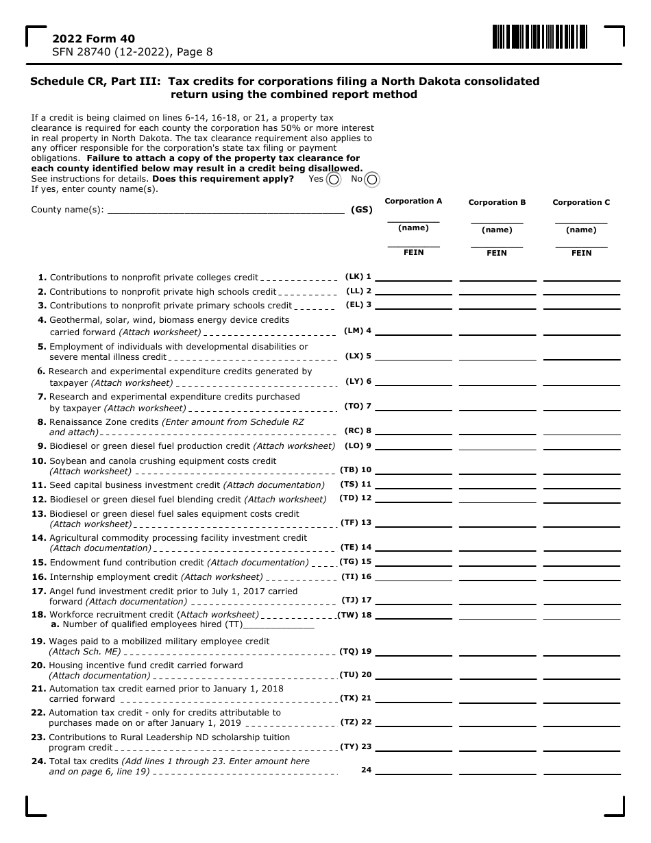 Form 40 (SFN28740) Corporation Income Tax Return - North Dakota, Page 8
