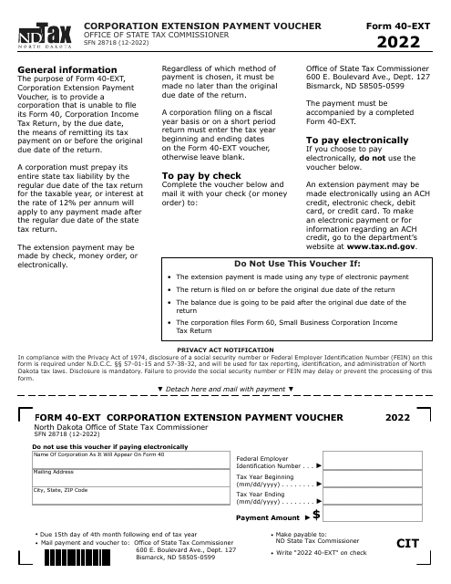 Form 40-EXT (SFN28718) Corporation Extension Payment Voucher - North Dakota, 2022