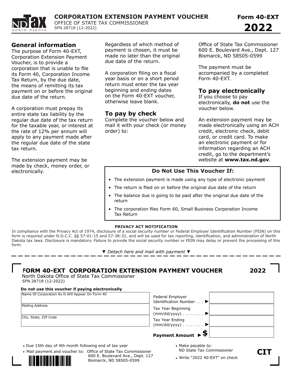 Form 40-EXT (SFN28718) Corporation Extension Payment Voucher - North Dakota, Page 1