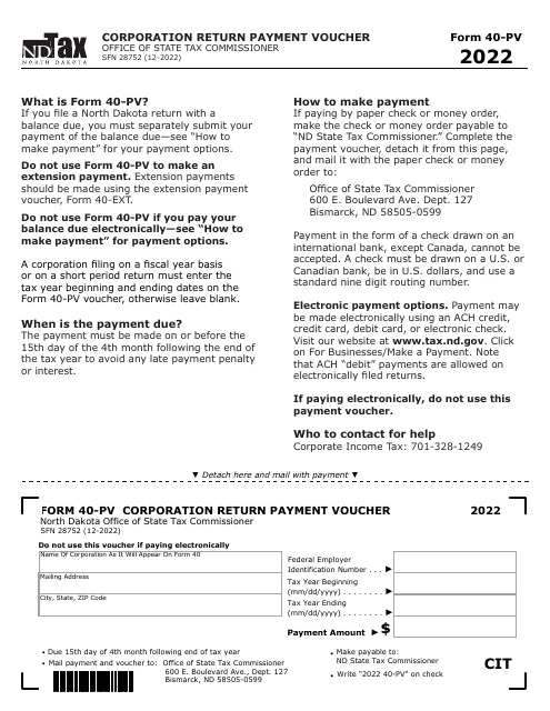 Form 40-PV (SFN28752) Corporation Return Payment Voucher - North Dakota, 2022