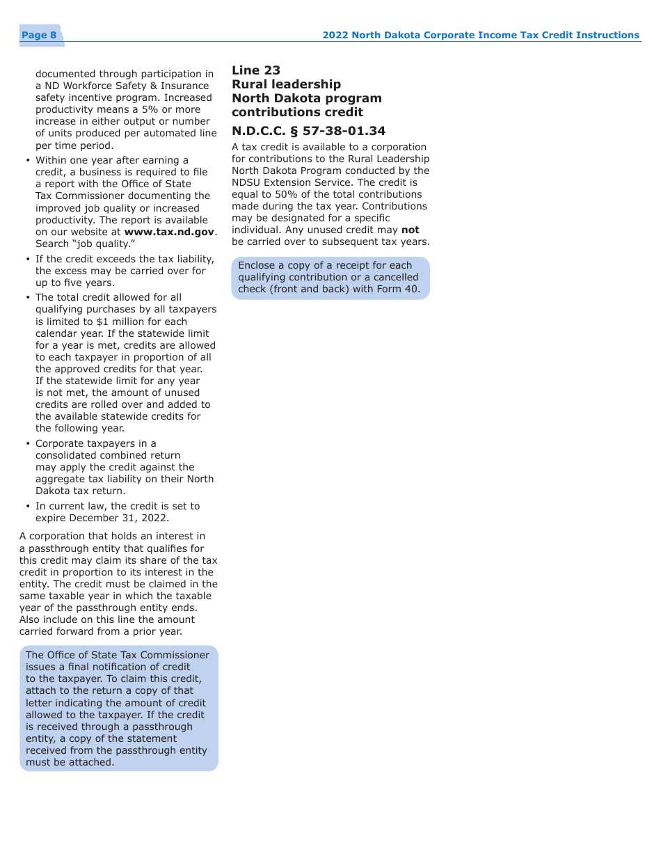 Instructions for Form 40, SFN28740 Schedule TC Corporation Income Tax Return - North Dakota, Page 10