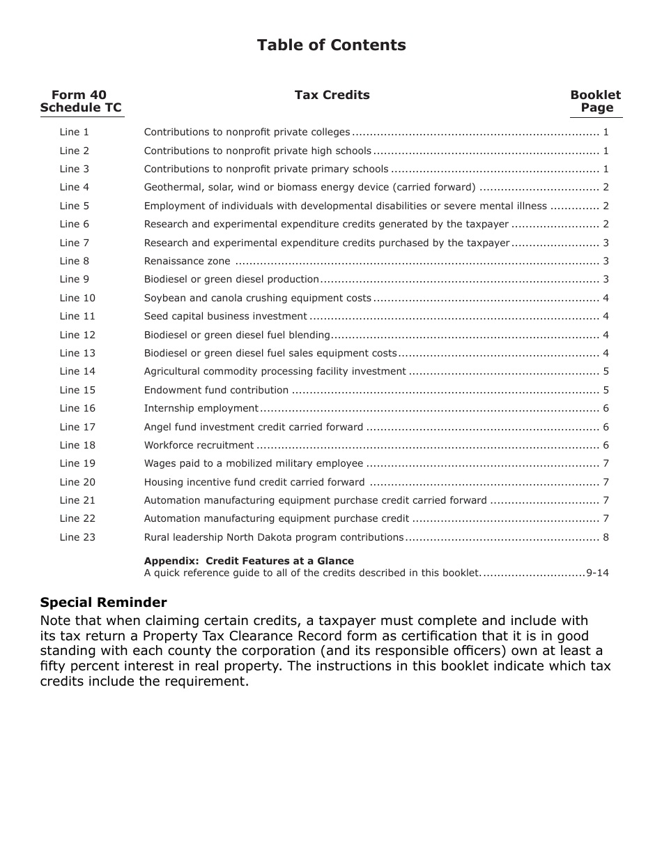 Instructions for Form 40, SFN28740 Schedule TC Corporation Income Tax Return - North Dakota, Page 2