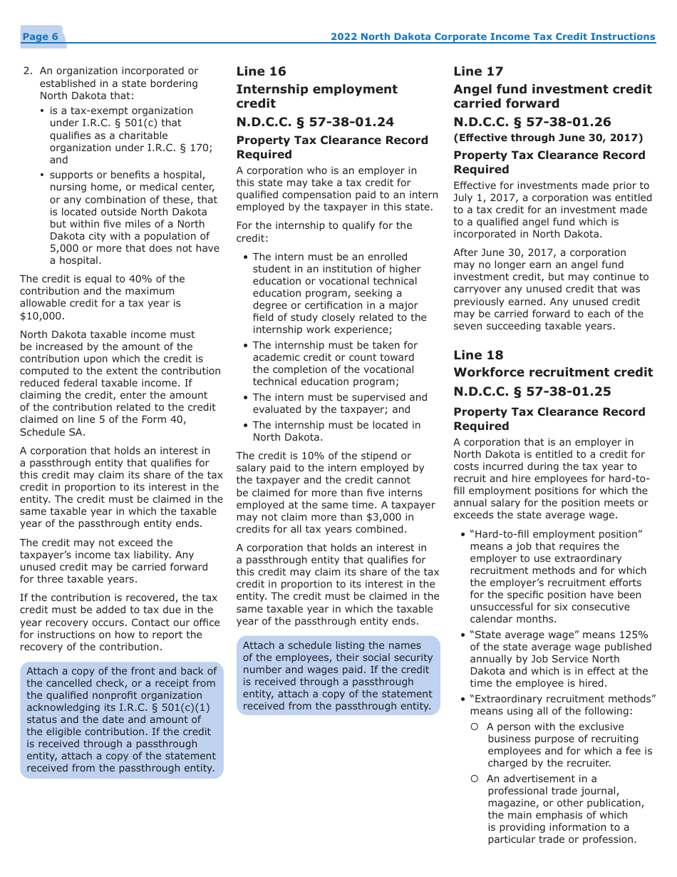 Instructions for Form 40, SFN28740 Schedule TC Corporation Income Tax Return - North Dakota, Page 8