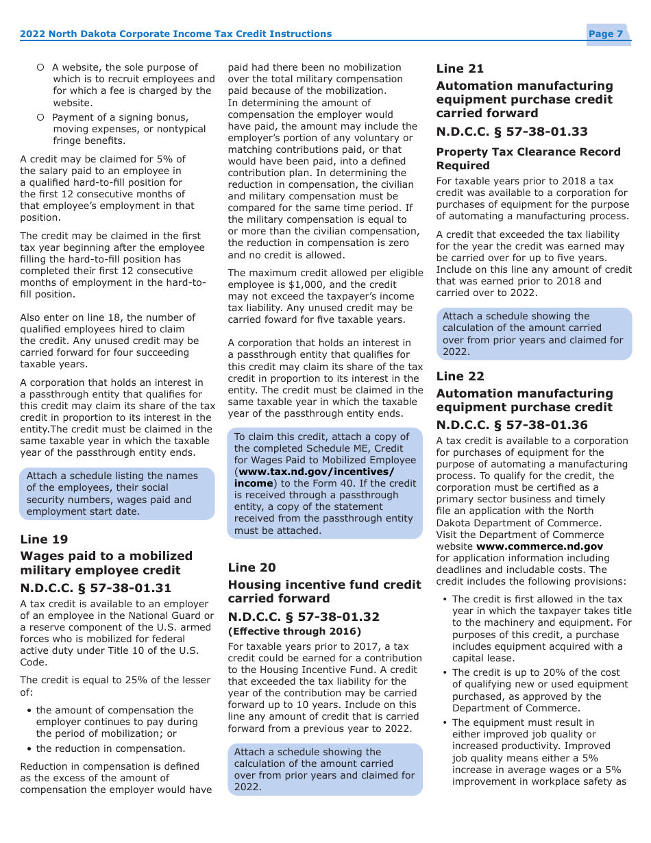 Instructions for Form 40, SFN28740 Schedule TC Corporation Income Tax Return - North Dakota, Page 9