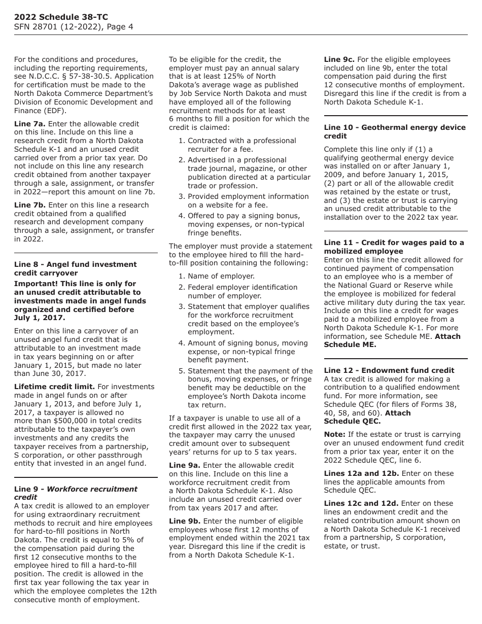 Form SFN28701 Schedule 38-TC Tax Credits - North Dakota, Page 5