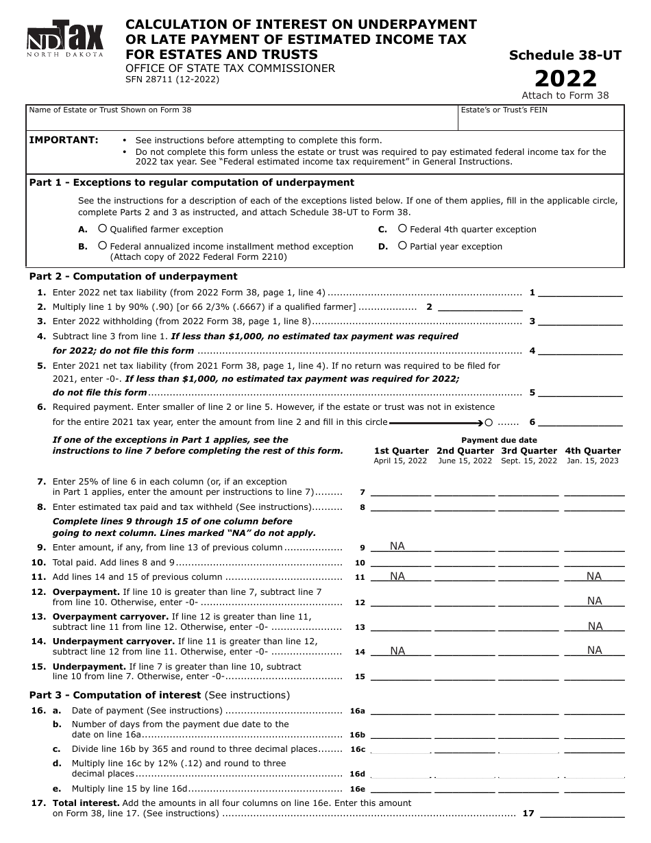 Form SFN28711 Schedule 38-UT Calculation of Interest on Underpayment or Late Payment of Estimated Income Tax for Estates and Trusts - North Dakota, Page 1