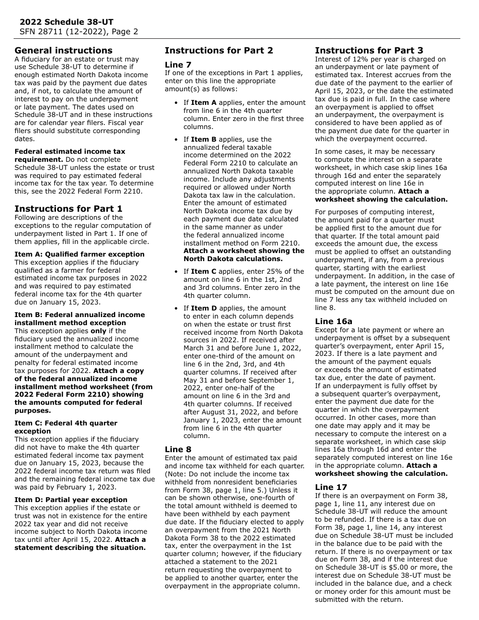 Form SFN28711 Schedule 38-UT Calculation of Interest on Underpayment or Late Payment of Estimated Income Tax for Estates and Trusts - North Dakota, Page 2