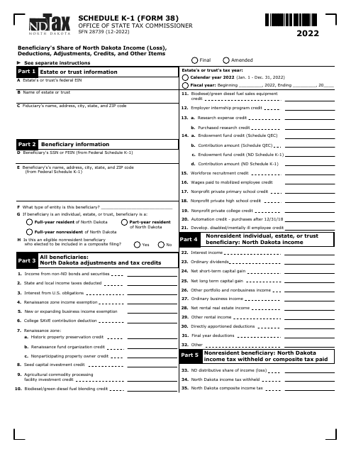 Form 38 (SFN28739) Schedule K-1 2022 Printable Pdf