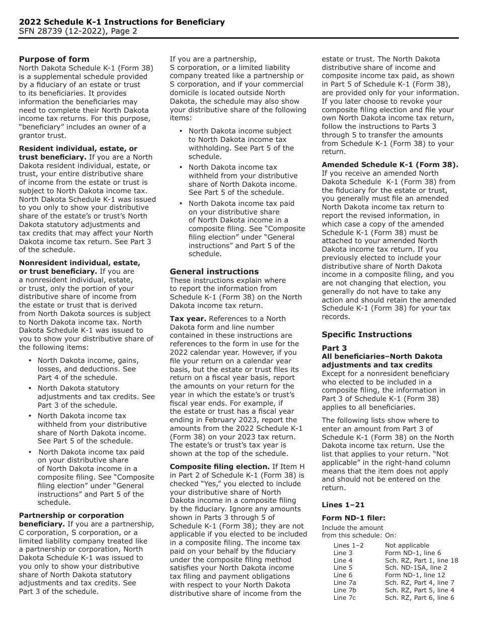 Form 38 (SFN28739) Schedule K-1 Beneficiarys Share of North Dakota Income (Loss), Deductions, Adjustments, Credits, and Other Items - North Dakota, Page 2