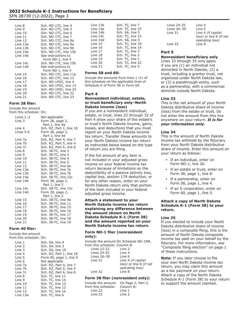Form 38 (SFN28739) Schedule K-1 Beneficiarys Share of North Dakota Income (Loss), Deductions, Adjustments, Credits, and Other Items - North Dakota, Page 3