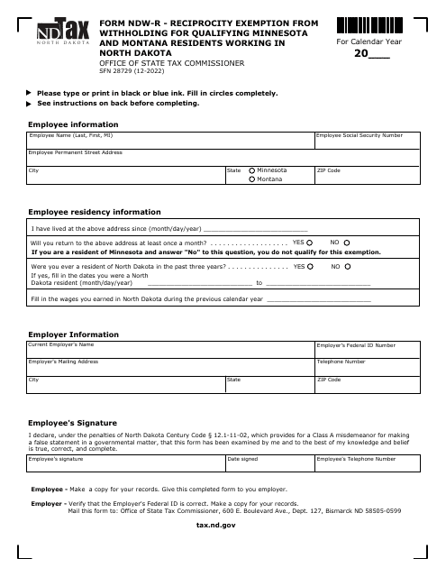 Form NDW-R (SFN28729) 2022 Printable Pdf