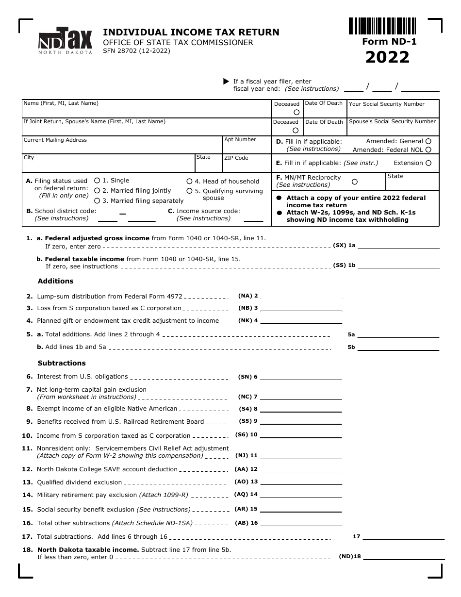 Form ND-1 (SFN28702) Individual Income Tax Return - North Dakota, Page 1