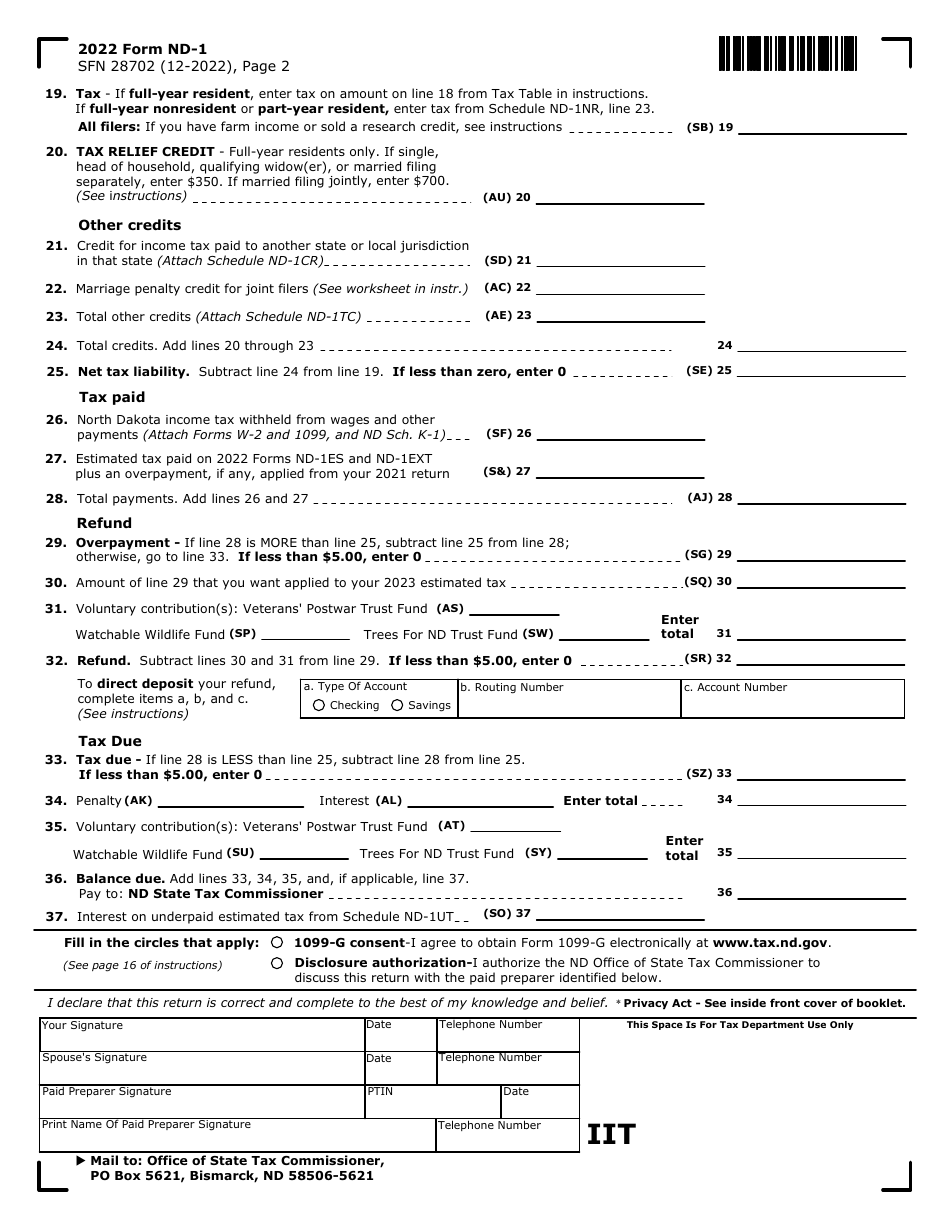 Form ND-1 (SFN28702) Individual Income Tax Return - North Dakota, Page 2
