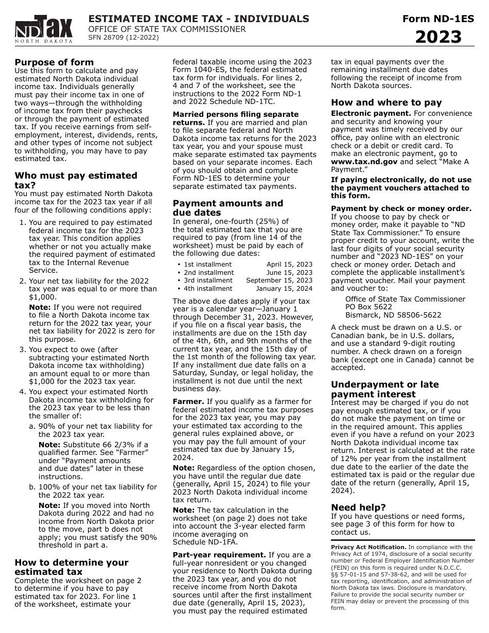 Form ND-1ES (SFN28709) Individual Estimated Tax Payment Voucher - North Dakota, Page 1