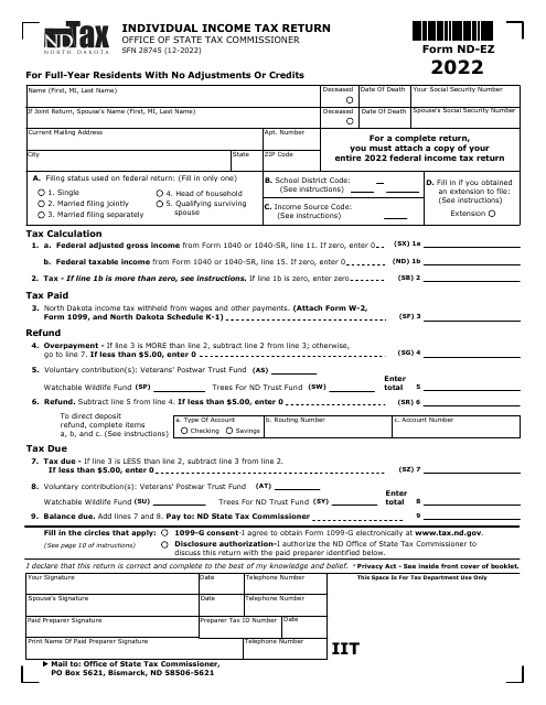 Form SFN28745 Schedule ND-EZ Individual Income Tax Return - North Dakota, 2022