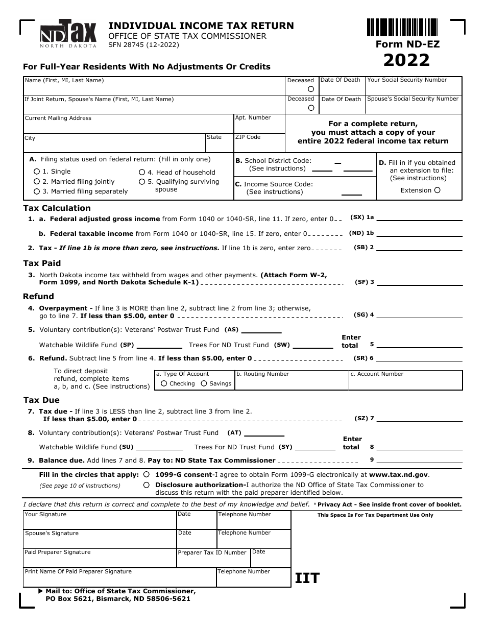 Form SFN28745 Schedule ND-EZ Individual Income Tax Return - North Dakota, Page 1