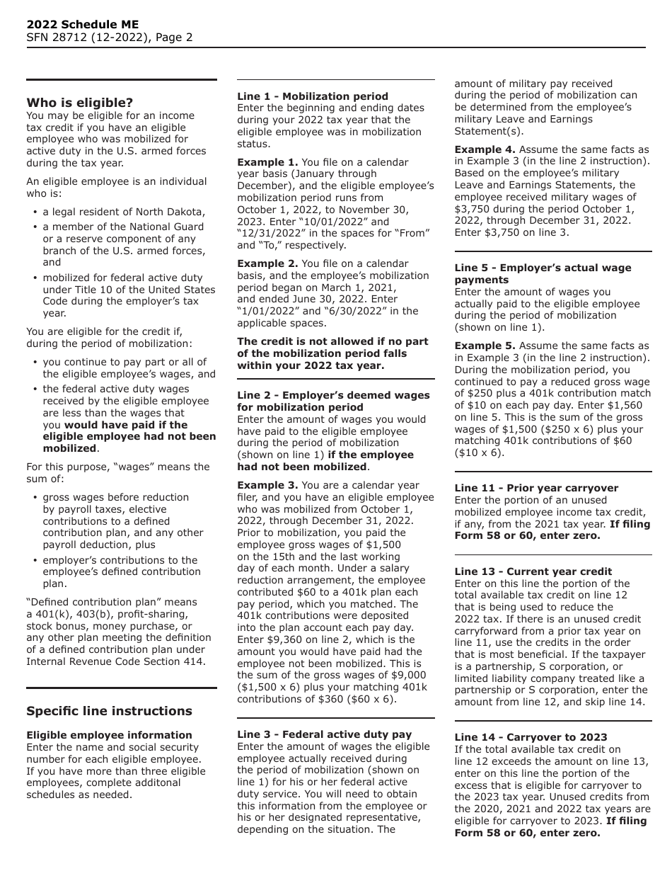 Form SFN28712 Schedule ME Credit for Wages Paid to Mobilized Employee - North Dakota, Page 2