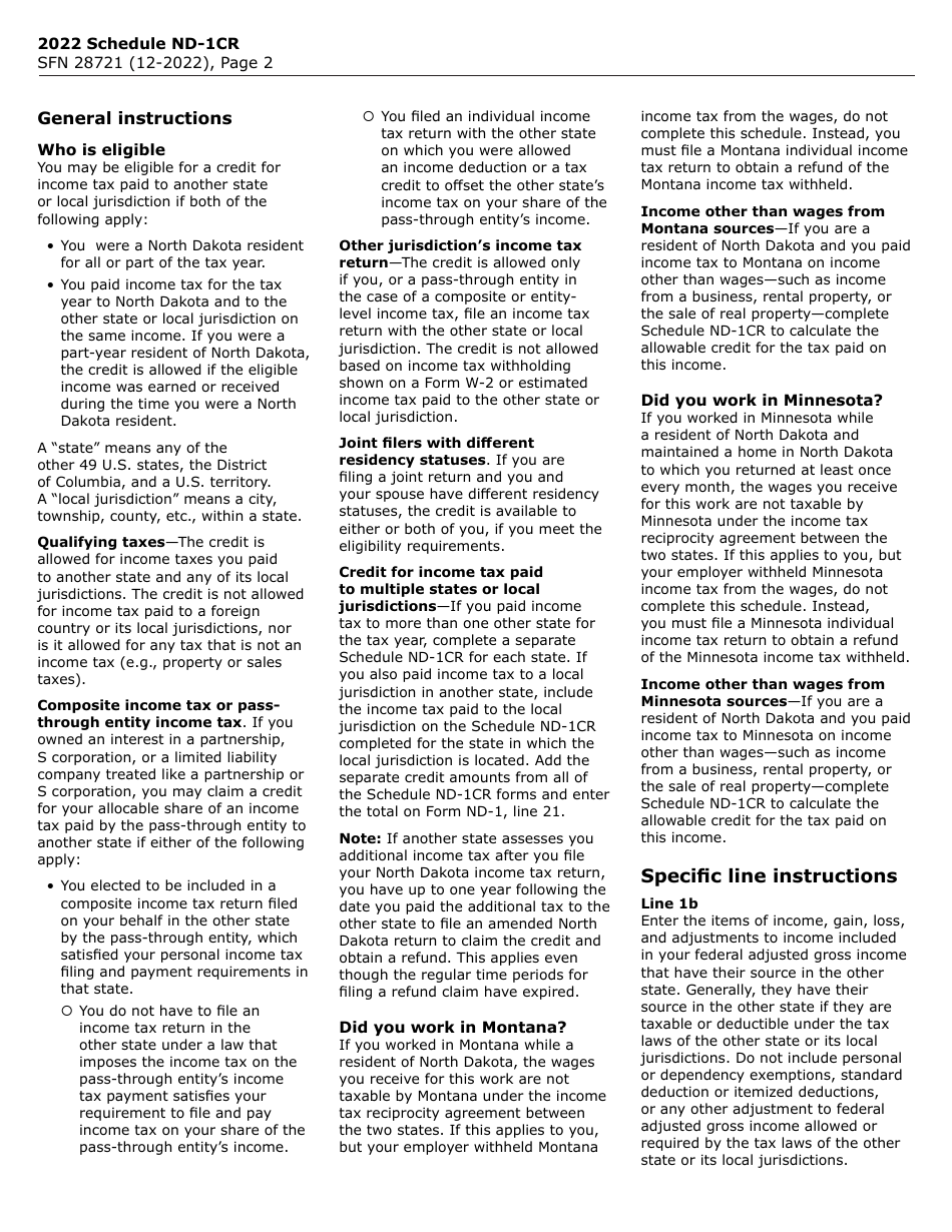 Form SFN28721 Schedule ND-1CR Credit for Income Tax Paid to Another State or Local Jurisdiction - North Dakota, Page 2
